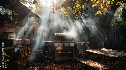 Grilling meat outdoors under the sun s rays among foliage with the barbecue smoke illuminated by the sunlight set against the backdrop of a woodshed with firewood
