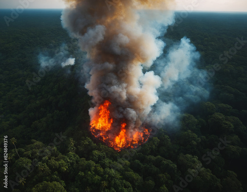 Aerial View of Intense Forest Fire with Heavy Smoke