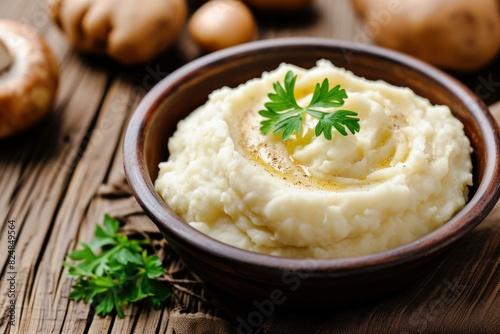 Bowl of smooth mashed potatoes garnished with parsley on a wooden table