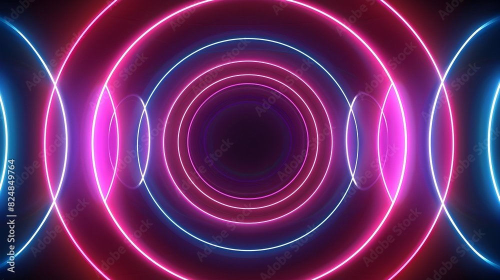 Mesmerizing Neon Light Circles in Symmetrical Abstract Backdrop with Ample Space