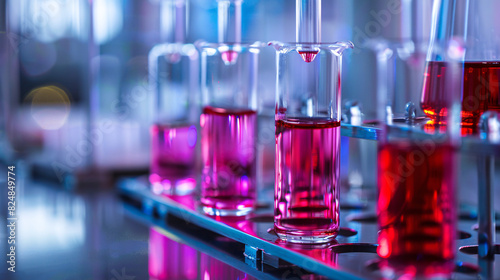 Laboratory research with test tubes and pipettes. Close-up of laboratory experiment with colorful liquids in test tubes, showcasing scientific research and analysis.