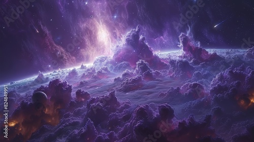 Colorful cosmic clouds with planets, stars, and comets in a space scene