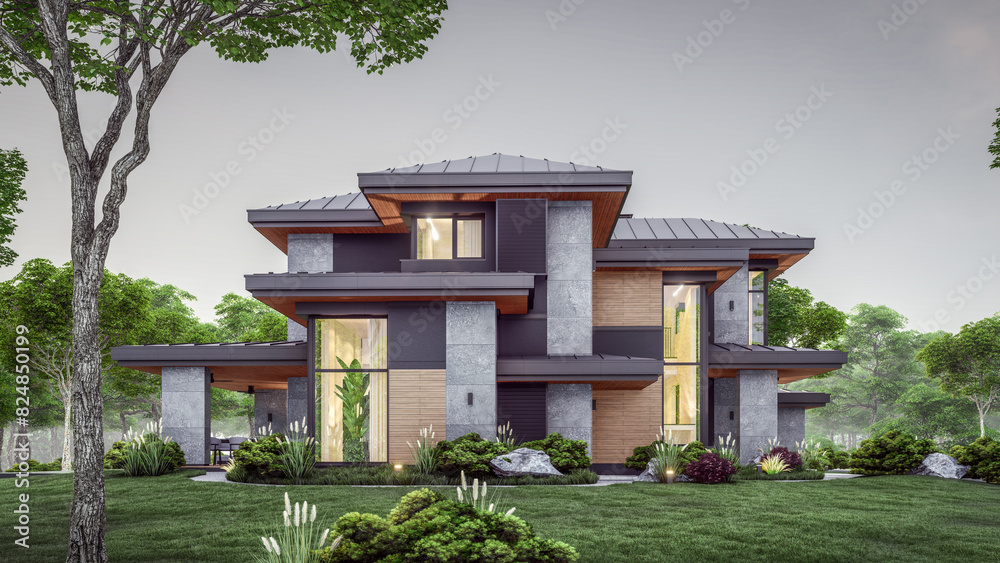 3d rendering of modern two story house with gray and wood accents, large windows, parking space in the right side of the building. Clear summer evening with cozy light from window 3d rendering of modern two story house with gray and wood accents, large windows, parking space in the right side of the building. Clear summer evening with cozy light from window