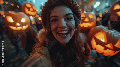 Smiling woman with painted face takes a Halloween selfie with friends holding Jack-o'-lanterns © familymedia