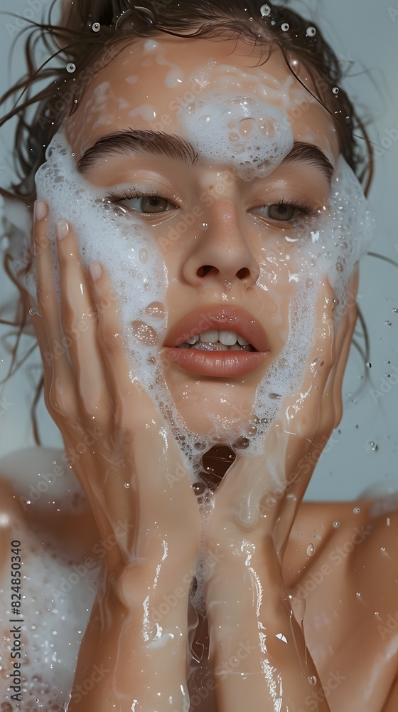 A Model's Moment of Cleansing Bliss - Realism of Self-Care Ritual with Foam-Covered Hands A Model's Moment of Cleansing Bliss - Realism of Self-Care Ritual with Foam-Covered Hands