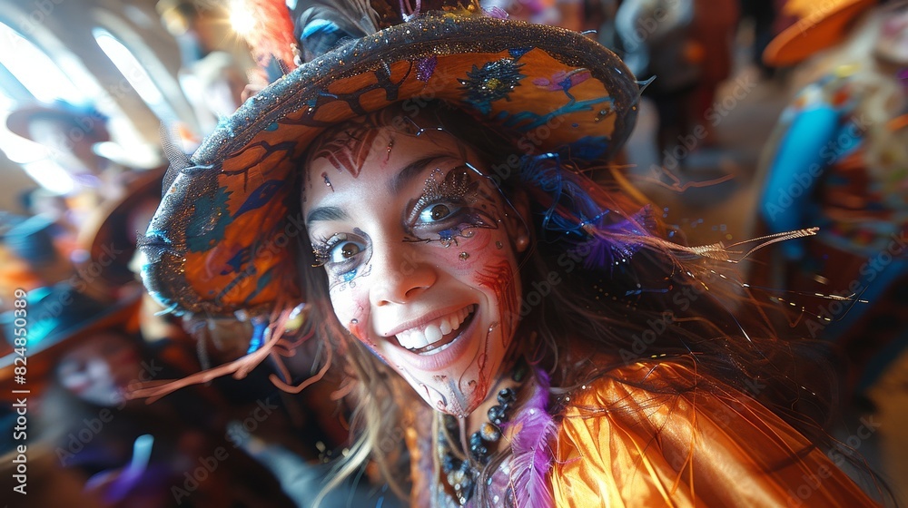 A woman dressed as a witch with a vibrant costume and face paint displaying a joyful expression amidst a festive environment