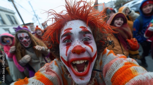 A child clown with exuberant expression celebrates Halloween outdoors in a day parade setting