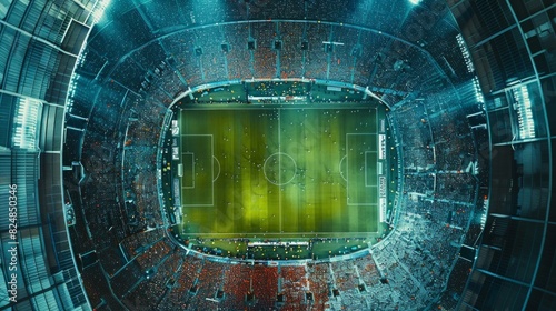 ultra wide angle, drone shot, top down view of a sports arena, football match, crowd  photo