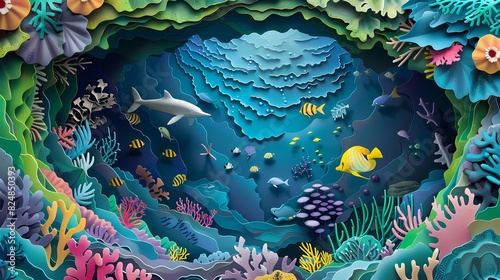 Digital paper cutting underwater world poster background