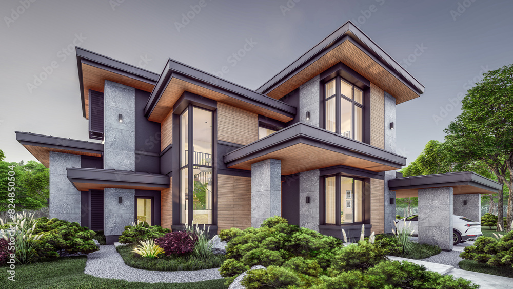 3d rendering of modern two story house with gray and wood accents, large windows, parking space in the right side of the building. Clear summer evening with cozy light from window 3d rendering of modern two story house with gray and wood accents, large windows, parking space in the right side of the building. Clear summer evening with cozy light from window