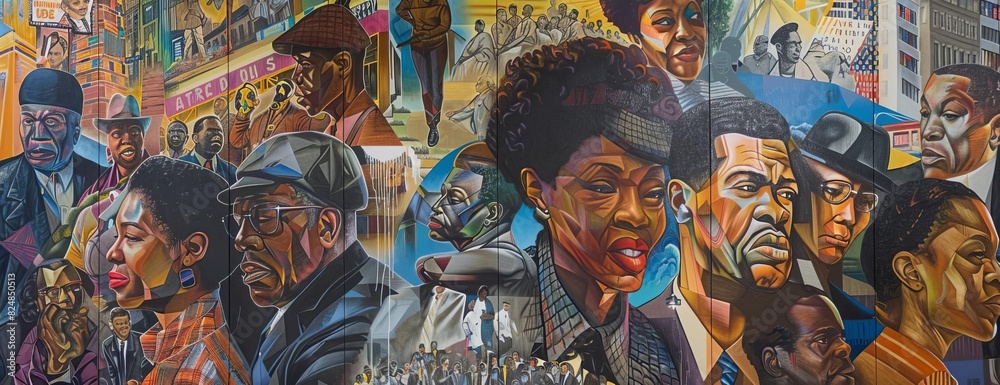 A group of African Americans are depicted in a colorful mural. The people are dressed in a variety of clothing. The mural is set in an urban setting.