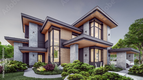 3d rendering of modern two story house with gray and wood accents, large windows, parking space in the right side of the building. Clear summer evening with cozy light from window