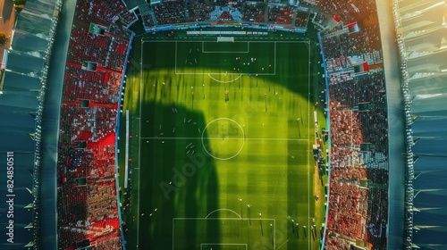 ultra wide angle, drone shot, top down view of a sports arena, football match, crowd  photo