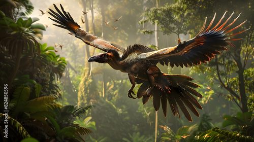 Fading Archaeopteryx: Photorealistic Image of Bird Soaring Through Prehistoric Forest, Slowly Disappearing from Existence