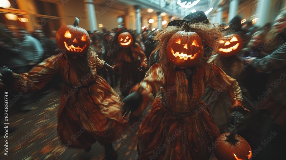 Characters with pumpkin heads holding pumpkins during a Halloween-themed parade at night