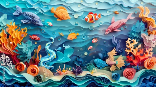Digital paper cutting underwater world poster background © jinzhen