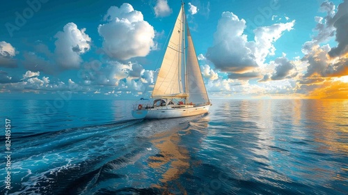 A yacht sails on tranquil waters with the setting sun casting a warm glow on the clouds