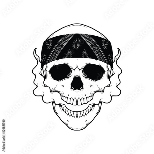 Smoke skull with bandana illustration. Skull in smoke cloud vector. Isolated on white background.