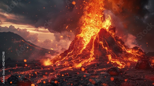 Volcano erupting hot lava and gases into the atmosphere. Lava spurting out of crater and smoke cloud photo