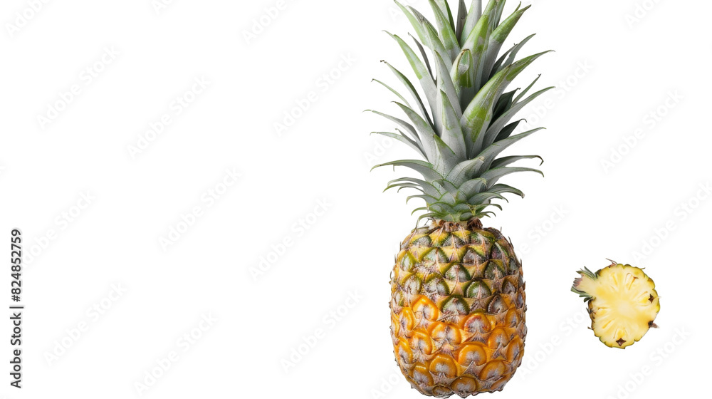 A pineapple cut in half, with its yellow flesh and green leaves exposed, placed on a white background A pineapple cut in half, with its yellow flesh and green leaves exposed, placed on a white background