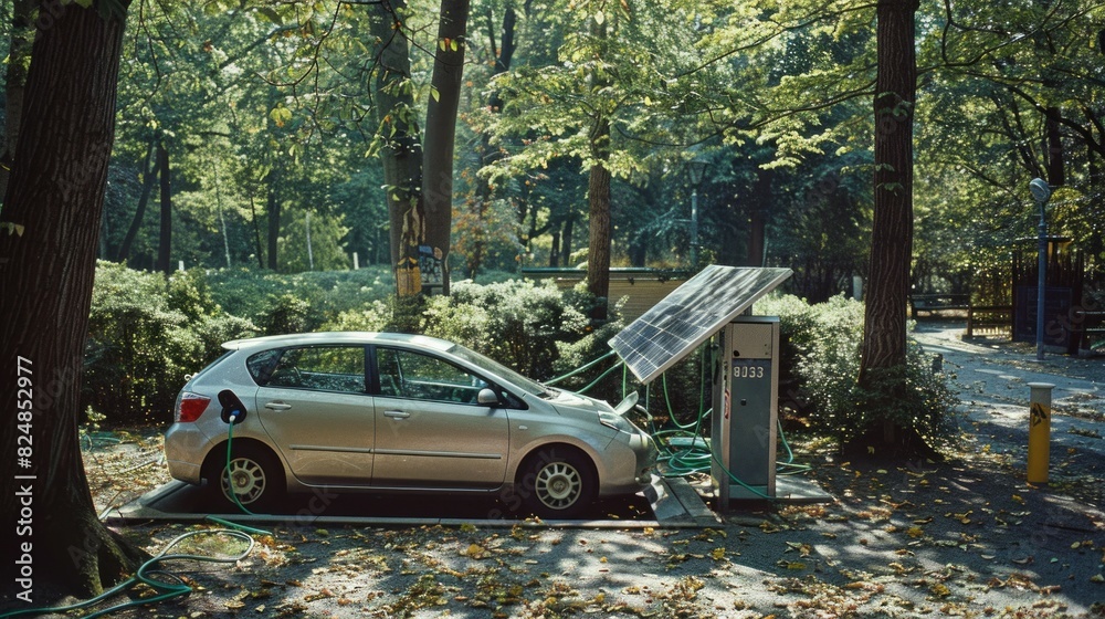 electric car charging at a futuristic solar-powered station