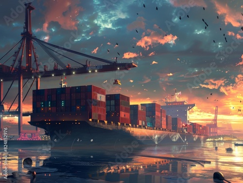 Twilight Loading: Cargo Ship Filling Containers at 4:3 Aspect Ratio