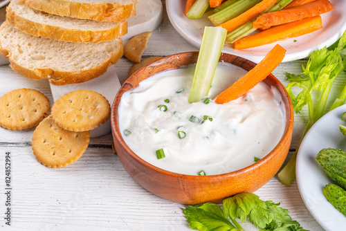 Cottage cheese dip with vegetables and crackers