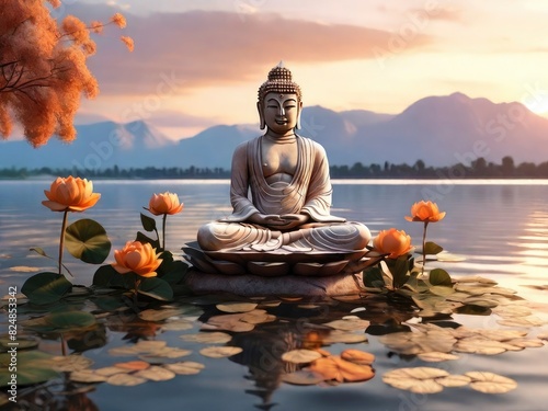 Buddha statue above the lake with sky in the background  Vesak Day celebration - generative ai