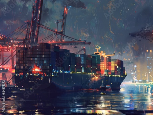 Nighttime Operation: Loading Containers onto Cargo Ship in 4:3 Aspect Ratio