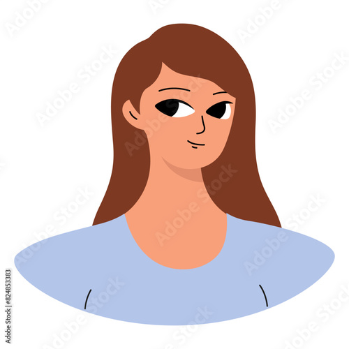 Positive emotions concept. Cartoon cute girlish face. Woman with happy smile. Isolated vector character.