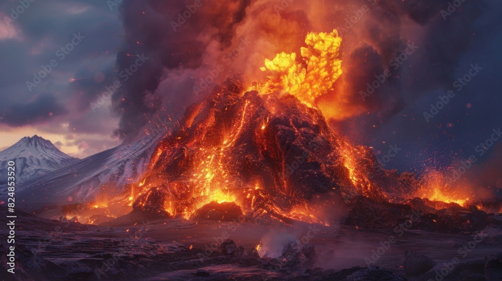 Volcano erupting hot lava and gases into the atmosphere. Lava spurting out of crater and smoke cloud