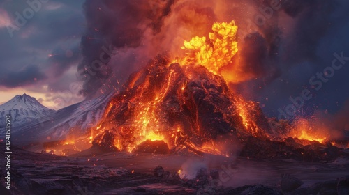 Volcano erupting hot lava and gases into the atmosphere. Lava spurting out of crater and smoke cloud
