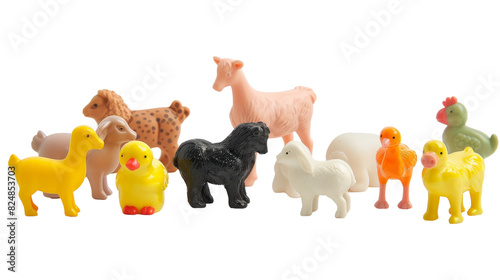 Various toy farm animals, such as cows, pigs, and chickens, are standing next to each other in a group
