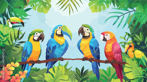 Exotic pretty parrots. Cartoon parrot of tropical bra