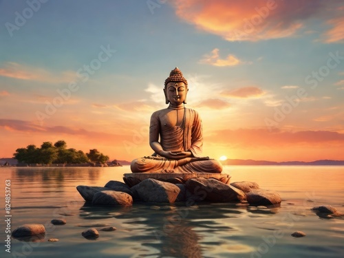 Buddha statue above the lake with sky in the background, Vesak Day celebration - generative ai