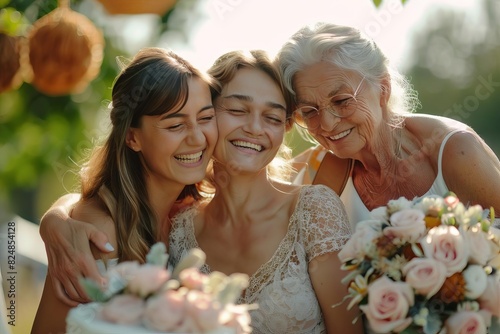 multigenerational family celebrating birthday outdoors grandmother mother and daughter hugging love and support photo