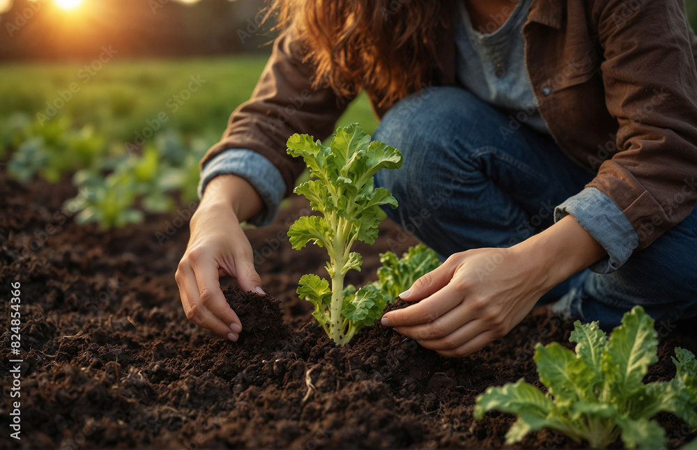 Fototapeta premium Young Female Farmer Tending to Lettuce in the Soil