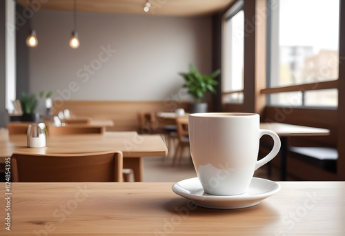 cup of hot coffee on a wooden table. cafe. 