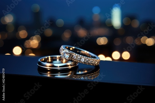 Rings on a rooftop with a skyline bokeh at night.