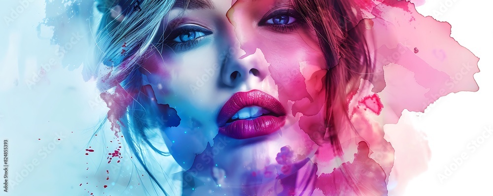 beautiful portrait of woman with sensual lips and expressive eyes in splashes of watercolor, makeup, fashion, stylish female beauty banner