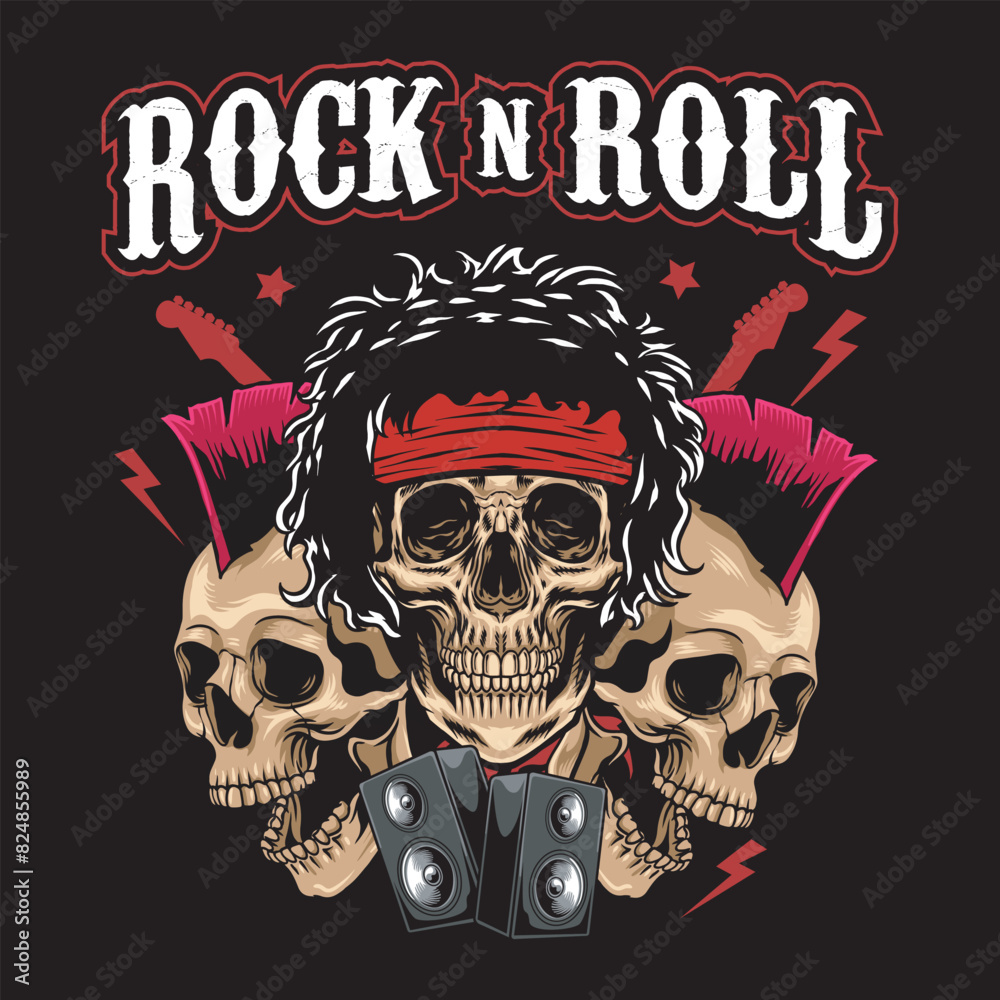 Rock and Roll slogan with three punk skull Head, Electric Guitar and Lightning Bolt Vector Illustration for T-Shirt Apparel Rock and Roll slogan with three punk skull Head, Electric Guitar and Lightning Bolt Vector Illustration for T-Shirt Apparel