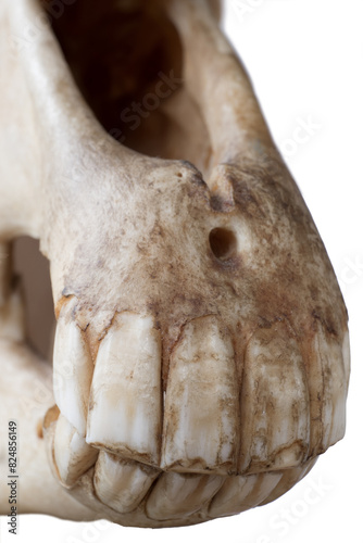 Upper and lower jaw in a skull of a horse (Equus caballus) seen from the front, isolated on a white background. Focus on the teeth