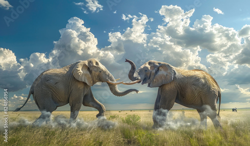 Two elephants fighting in the savannah, under an epic sky with a cloud shaped like one elephant facing another elephant.  photo