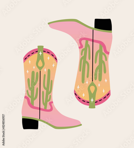 Retro pink cowgirl boot with desert and cacti. Groovy cowboys western and wild west theme. Hand drawn vector design for t shirt, sticker, poster.