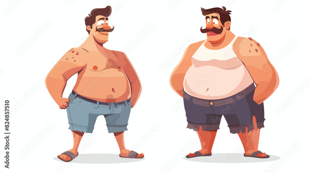 Fat and slim man with mustache. Big man and muscular