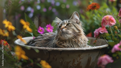 A large cat enjoying a bath in a basin outdoors, surrounded by colorful flowers and looking surprisingly content. photo