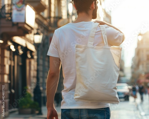 Man is holding bag canvas fabric for mockup  photo