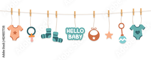 baby shower welcome greeting card for childbirth with blue hanging utensils vector illustration