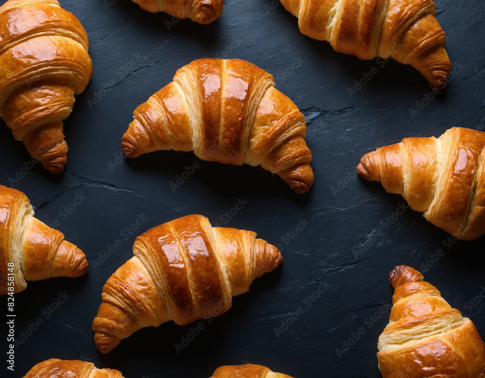 Golden Brown Croissants on Dark Slate Board
