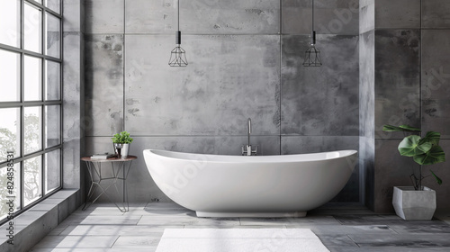 Modern bathroom with concrete walls and white tub. Stylish and minimalist bathroom interior with concrete walls  a freestanding white bathtub  and large window with natural light.